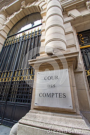 Entrance to the building of the Cour des Comptes, Paris, France Editorial Stock Photo