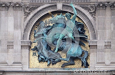Genius of the Arts Astride Pegasus by Marius Jean Antonin Mercie, architectural detail of the Louvre Museum Stock Photo