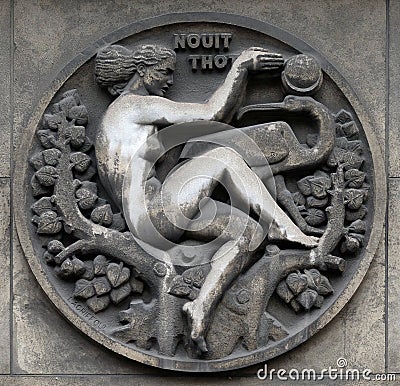 Nut and Thoth. Stone relief at the building of the Faculte de Medicine Paris. Stock Photo