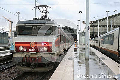Passenger Train Corail intercites ready for departure in Paris Gare du Nord train station, belonging to SNCF company Editorial Stock Photo