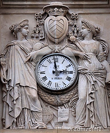 Two muses support the clock, topped by the coat of arms of Cardinal Richelieu, Saint Ursule chapel of the Sorbonne in Paris Stock Photo