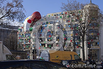 PARIS, FRANCE - January 13, 2023: Yayoi Kusama x Louis Vuitton. giant sculpture by a Japanese artist. Editorial Stock Photo