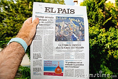 El Pais newspaper announcing France champion title World Cup 2018 Editorial Stock Photo