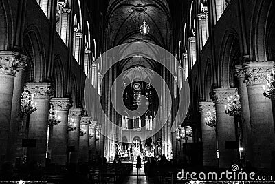 PARIS, FRANCE - Jul 13, 2017: Super wide shot black and white Interior of notre Damme cathedral in France, Paris Editorial Stock Photo