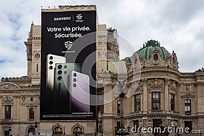 Samsung Galaxy advertising billboard on the facade of the Paris Opera house, Paris, France Editorial Stock Photo