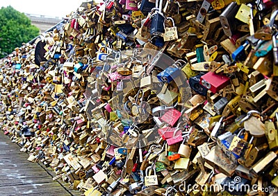 Paris, France, July 05, 2014 Seine River Love Bridge decorated by padlocks, Paris. Stock Photo