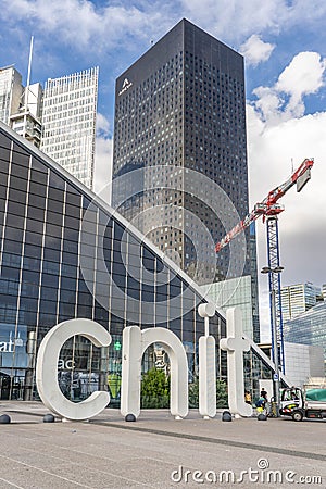 Paris, France - Jun 13, 2020: Large CNIT letter before shopping center in La Defense Editorial Stock Photo