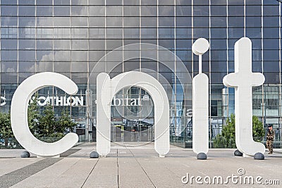 Paris, France - Jun 13, 2020: Large CNIT letter before shopping center in La Defense Editorial Stock Photo