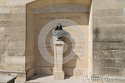 PARIS, FRANCE - JUNE 23, 2017: Bust of the Andre Le Notre in the Tuileries Park. He was a French landscape architect and the Editorial Stock Photo