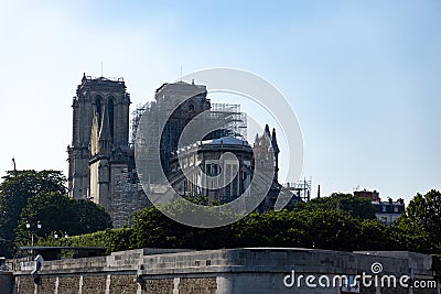 Paris, FRANCE - June 26, 2019: Cath drale Notre-Dame de Paris construction and refurbishment rebuild work ongoing after 2019 fire Editorial Stock Photo