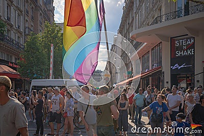 Crowd is looking at a float coming at the 2018 Paris Gay Pride Editorial Stock Photo