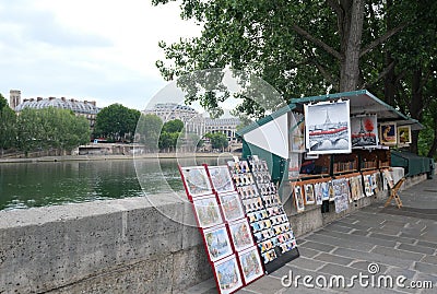 PARIS, FRANCE â€“ JUNE 07, 2020: Old booths stalls of typical Parisian booksellers selling second-hand and antique and souvenirs Editorial Stock Photo