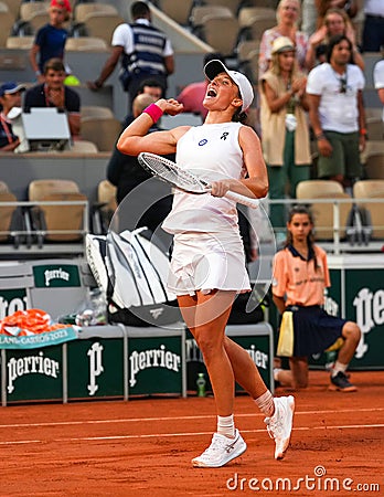 Iga Swiatek of Poland celebrates victory after women semi-final match against Beatriz Haddad Maia of Brazil at 2023 Roland Garros Editorial Stock Photo