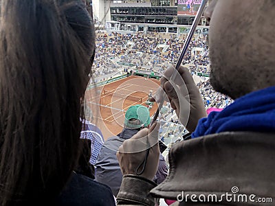 PARIS, France, June 7th, 2019 : Court Philippe Chatrier of the French Open Grand Slam tournament, in the rain before the Editorial Stock Photo