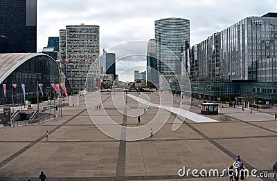 View of La Defense business district. Square, skyscrapers, malls and Arc de Triomphe. Paris, France, 15 Aug 2018. Editorial Stock Photo