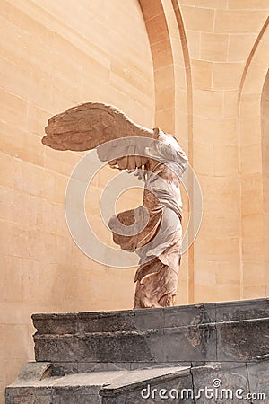 Paris, France, March 28 2017: Close up of the Victory of Samothrace - Nike of Samothrace: marble sculpture of the Greek Editorial Stock Photo