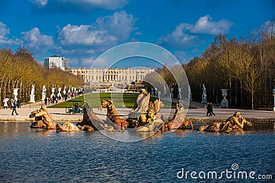 Fountain of Apollo at the garden of the Versailles Palace in a freezing winter day just before spring Editorial Stock Photo