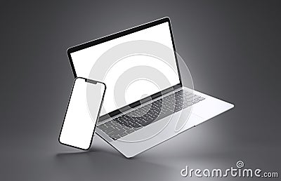 PARIS - France - March 15, 2023: Newly released Apple Macbook Air and Iphone 14, Silver color. Side view. 3d rendering laptop Stock Photo