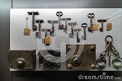 Paris, France - March 18, 2018: Set of locks and keys of the cells of The Conciergerie, former courthouse and prison in Paris, Editorial Stock Photo