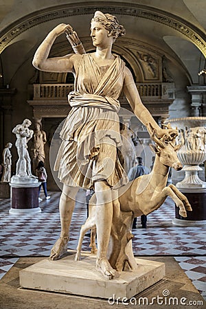 Paris, France, March 28 2017: Statue of Artemis in Louvre, Paris. Black and white. Artemis - in ancient Greek mythology Editorial Stock Photo