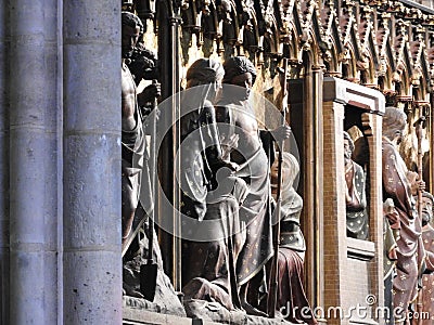 Paris, France - March 31, 2019: 14th Century wood reliefs in Notre-Dame de Paris Cathedral telling the story of the life of Jesus Editorial Stock Photo