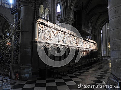 Paris, France - March 31, 2019: 14th Century wood reliefs in Notre-Dame de Paris Cathedral telling the story of the life of Jesus Editorial Stock Photo