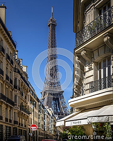 Eiffel tower between haussman buildings in Paris Stock Photo