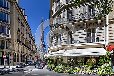 Eiffel tower between haussman buildings in Paris Stock Photo