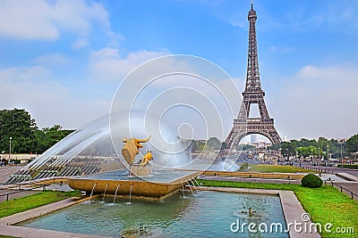 Taureau et Daim statue by french sculptor Paul Jouve and Eiffel Tower, Paris Editorial Stock Photo