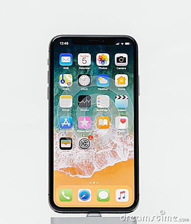 Apple iPhone X on white background home screen apps Editorial Stock Photo