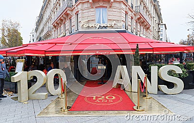 The Fouquets is a historic restaurant, located at avenue Champs Elysees in Paris, France.It was located in 1889. Editorial Stock Photo