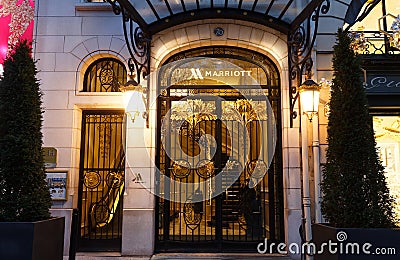 Marriott Hotel at night in Paris, along the Champs de Elysees, one of the most famous boulevards in the world. Editorial Stock Photo