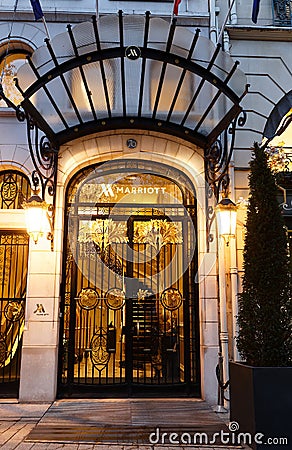 Marriott Hotel at night in Paris, along the Champs de Elysees, one of the most famous boulevards in the world. Editorial Stock Photo