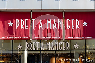 Sign and logo of a Pret A Manger sandwich restaurant, Paris, France Editorial Stock Photo