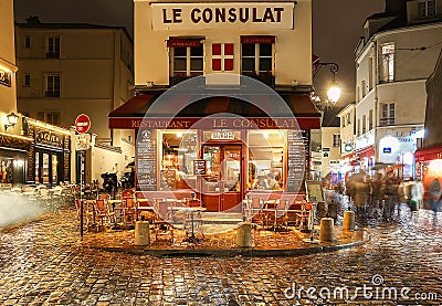 The View of typical paris cafe Consulat in Paris, Montmartre area , France. Editorial Stock Photo