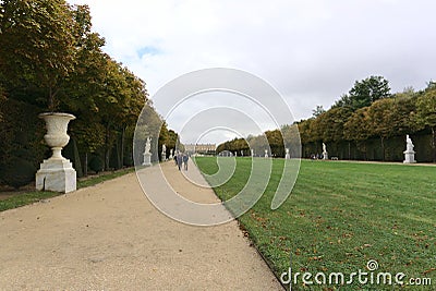 Scenic view of Gardens of Versailles Palace on a cloudy day in Paris, France Editorial Stock Photo