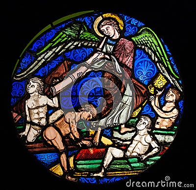 Paris, France Oct 3 2015: Stained glass window from the middle ages in the Cluny Museum Editorial Stock Photo