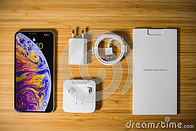 All parts and components of iphone Xs max unboxing Editorial Stock Photo