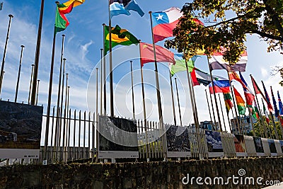 Flags fluttering in the wind in front of the UNESCO in Paris, France Editorial Stock Photo