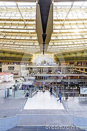 The patio of the Forum des Halles underground shopping mall covered by a glass canopy in Paris Editorial Stock Photo
