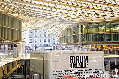 A vast glass canopy covers the patio of the Forum des Halles underground shopping mall in Paris Editorial Stock Photo