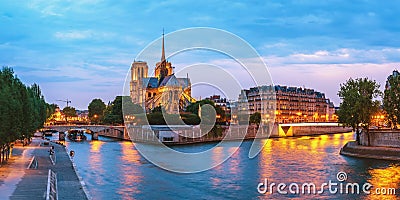 Paris France panorama night at Notre Dame de Paris Cathedral Stock Photo