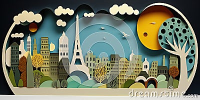 Paris, France, paper art collage, vibrant layered colored paper, AI generative Stock Photo