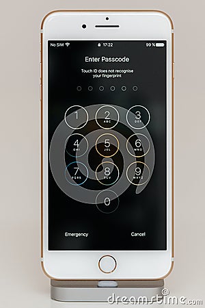 Ener passcode on iPhone 7 Plus the application software Editorial Stock Photo