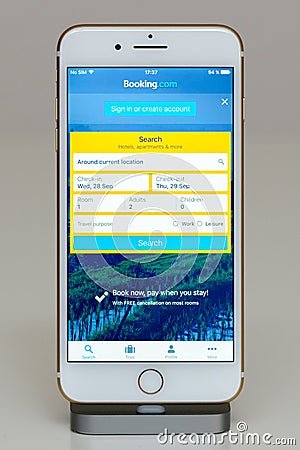 Booking.com app on iPhone 7 Plus the application software Editorial Stock Photo