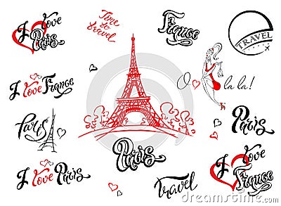 Paris. France. Set of elements for design. Eiffel tower sketch. Inspiring lettering. Label templates. Girl model.Vector. Stock Photo