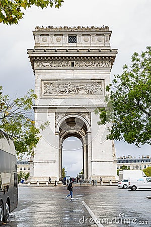 Paris, France, 10/09/2019: View of the Arc de Triomphe. Walking tourists. Editorial Stock Photo