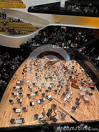 View of the orchestra`s chairs from the balcony of the Philharmonie de Paris Editorial Stock Photo