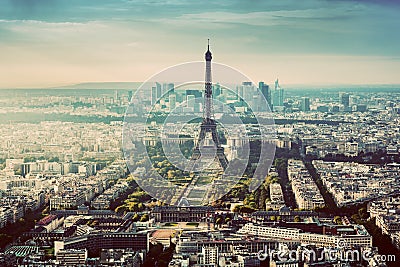 Paris, France vintage skyline, panorama. Eiffel Tower, Champ de Mars Stock Photo