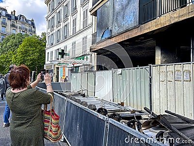 Paris, France, Fire Damage to Building, CIty After Anti-Government, Anti-Retirement Law Reform Demonstrations Editorial Stock Photo